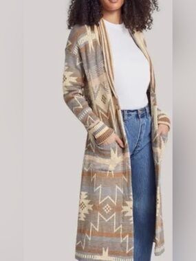 Faherty Aztec-Print Long Open Cardigan in Beige, Taupe & Cream